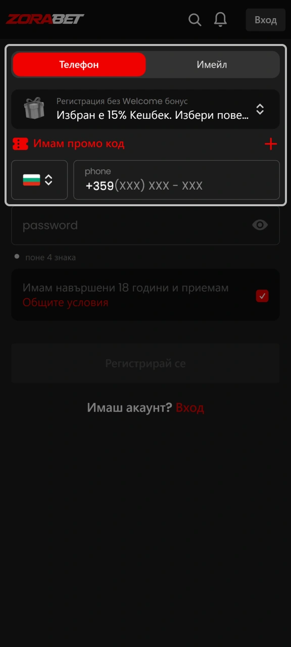 Попълнете данните за регистрация в ZoraBet.